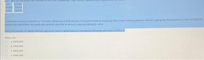 Liam, Michael and Noah own interests in 1
Dam
$450,000
Michael 350,000
Noah 200,000
ship. Their communic
Partnership income is shared in a 1:5:4 ratio. Olivia buys a 20% interest in the partnership by acquiring 20% of each existing partner's interest, paying the three partners a total of $300,000
Partnership identifiable net assets are currently reported at amounts approximating fair value.
Using the transfer of capital interests approach, Liam's capital balance immediately following admission of Olivia is
Select one
a $450,000
b. $360,000
c$405,000
d. $440,000