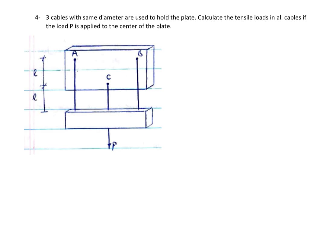 4- 3 cables with same diameter are used to hold the plate. Calculate the tensile loads in all cables if
the load P is applied to the center of the plate.
C
