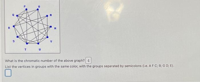 T
What is the chromatic number of the above graph? 4
List the vertices in groups with the same color, with the groups separated by semicolons (i.e. A F C; B; G D; E).