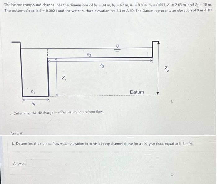 The below compound channel has the dimensions of b₁ = 34 m, b₂ = 67 m, n₁ = 0.034, n₂ = 0.057, Z₁ = 2.63 m, and Z₂ = 10 m.
The bottom slope is S = 0.0021 and the water surface elevation is= 3.3 m AHD. The Datum represents an elevation of 0 m AHD.
Answer:
n₁
N
Answer:
Z₁
0₂
D₁
a. Determine the discharge in m³/s assuming uniform flow
D₂
Datum
Z₂
N
b. Determine the normal flow water elevation in m AHD in the channel above for a 100-year flood equal to 512 m³/s