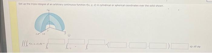 Set up the triple integral of an arbitrary continuous function f(x, y, z) in cylindrical or spherical coordinates over the solid shown.
III
Ky, ov
14
T
dp de da