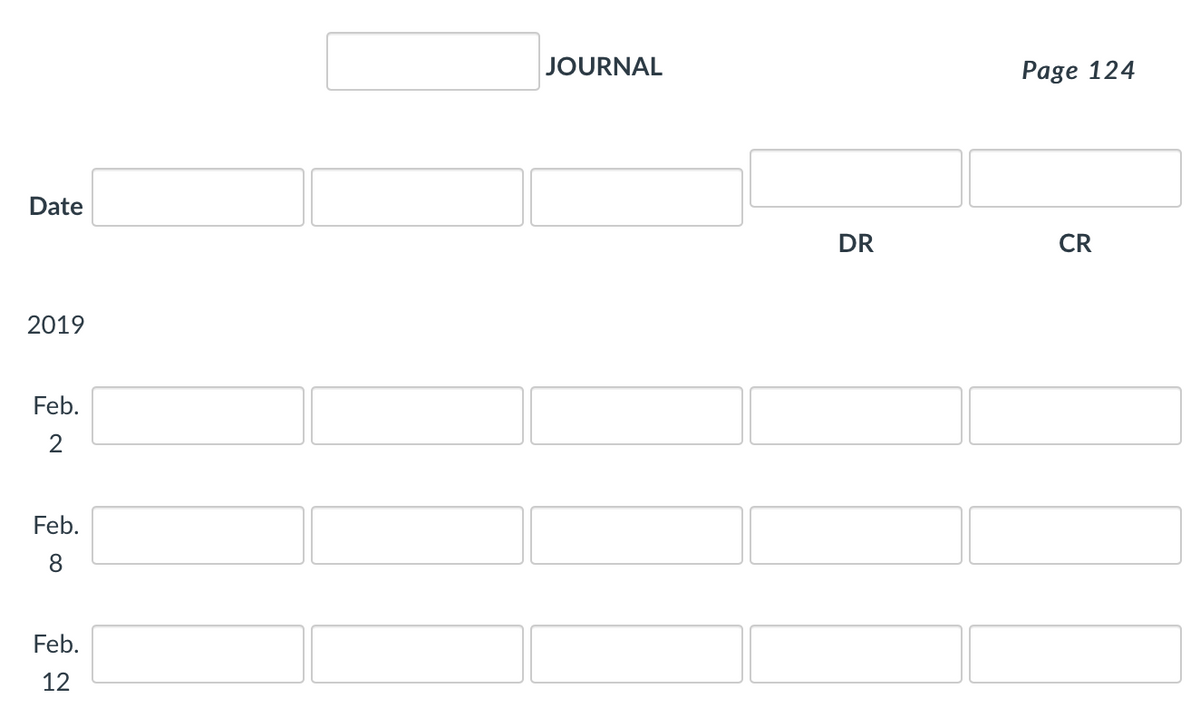 JOURNAL
Page 124
Date
DR
CR
2019
Feb.
Feb.
8
Feb.
12
