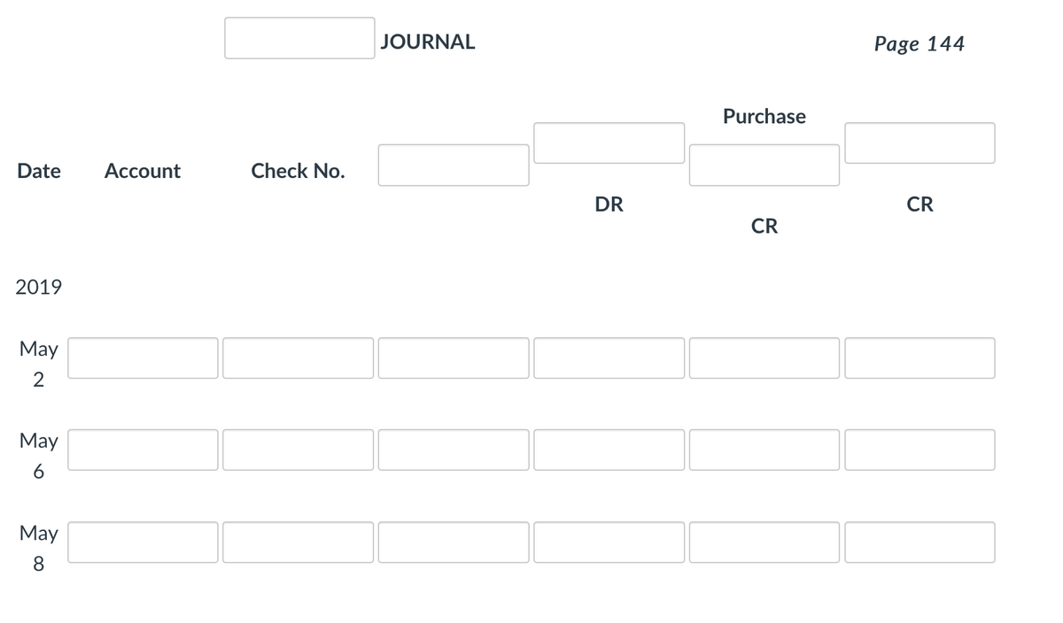 JOURNAL
Page 144
Purchase
Date
Account
Check No.
DR
CR
CR
2019
May
2
May
May
8
