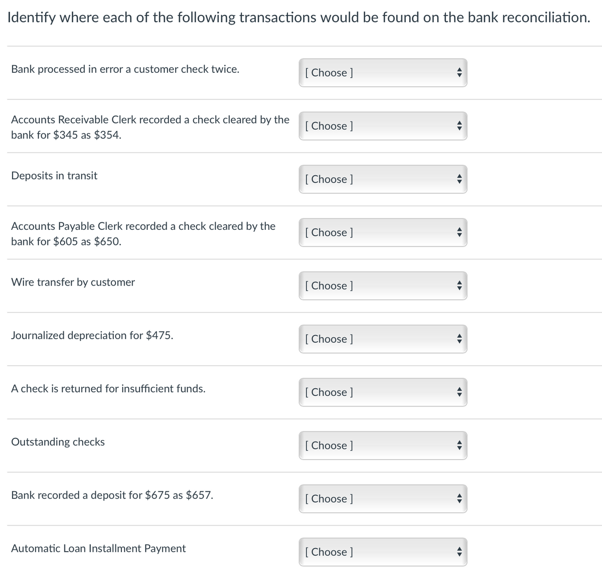 Identify where each of the following transactions would be found on the bank reconciliation.
Bank processed in error a customer check twice.
[ Choose ]
Accounts Receivable Clerk recorded a check cleared by the
bank for $345 as $354.
[Choose ]
Deposits in transit
[ Choose ]
Accounts Payable Clerk recorded a check cleared by the
[ Choose ]
bank for $605 as $650.
Wire transfer by customer
[ Choose ]
Journalized depreciation for $475.
[ Choose ]
A check is returned for insufficient funds.
[ Choose ]
Outstanding checks
[ Choose ]
Bank recorded a deposit for $675 as $657.
[ Choose ]
Automatic Loan Installment Payment
[ Choose ]
