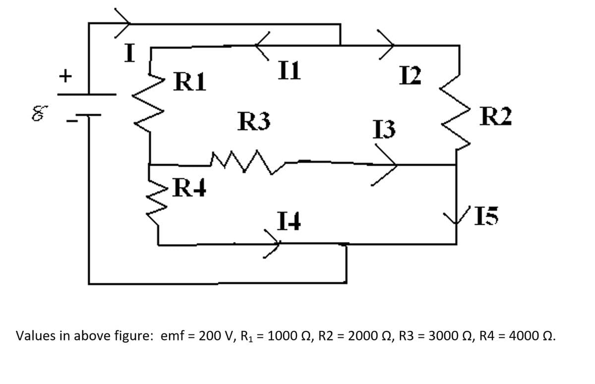 R1
I1
I2
R3
R2
13
R4
I4
/15
Values in above figure: emf = 200 V, R1 = 1000 N, R2 = 2000 N, R3 = 3000 Q, R4 = 4000 0.
%3D
+
