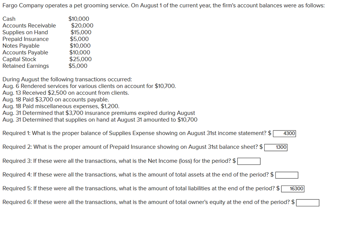 Fargo Company operates a pet grooming service. On August 1 of the current year, the firm's account balances were as follows:
Cash
Accounts Receivable
Supplies on Hand
$10,000
$20,000
$15,000
Prepaid Insurance
$5,000
Notes Payable
$10,000
$10,000
$25,000
$5,000
Accounts Payable
Capital Stock
Retained Earnings
During August the following transactions occurred:
Aug. 6 Rendered services for various clients on account for $10,700.
Aug. 13 Received $2,500 on account from clients.
Aug. 18 Paid $3,700 on accounts payable.
Aug. 18 Paid miscellaneous expenses, $1,200.
Aug. 31 Determined that $3,700 insurance premiums expired during August
Aug. 31 Determined that supplies on hand at August 31 amounted to $10,700
Required 1: What is the proper balance of Supplies Expense showing on August 31st income statement? $ 4300
Required 2: What is the proper amount of Prepaid Insurance showing on August 31st balance sheet? $ 1300
Required 3: If these were all the transactions, what is the Net Income (loss) for the period? $
Required 4: If these were all the transactions, what is the amount of total assets at the end of the period? $
Required 5: If these were all the transactions, what is the amount of total liabilities at the end of the period? $ 16300
Required 6: If these were all the transactions, what is the amount of total owner's equity at the end of the period? $[