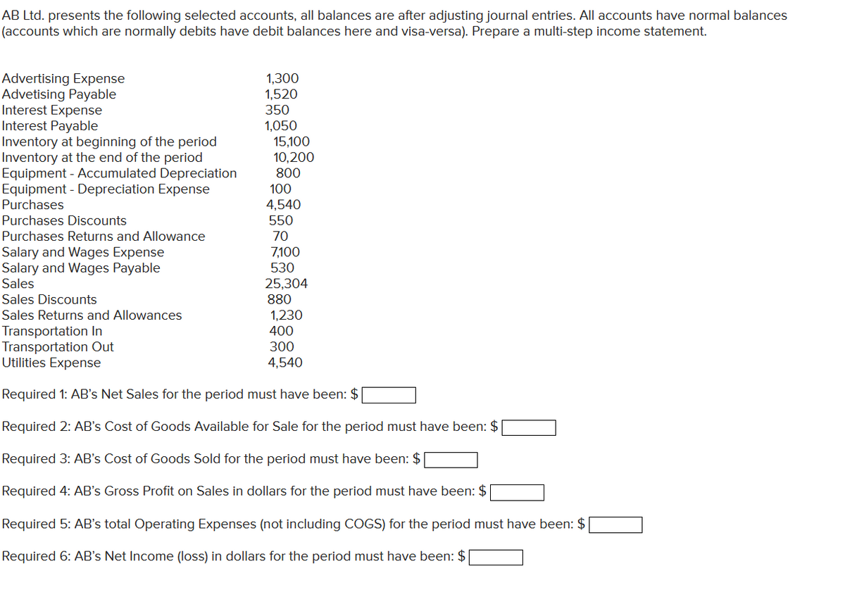 AB Ltd. presents the following selected accounts, all balances are after adjusting journal entries. All accounts have normal balances
(accounts which are normally debits have debit balances here and visa-versa). Prepare a multi-step income statement.
Advertising Expense
Advetising Payable
Interest Expense
Interest Payable
1,300
1,520
350
1,050
Inventory at beginning of the period
Inventory at the end of the period
Equipment - Accumulated Depreciation
Equipment - Depreciation Expense
Purchases
Purchases Discounts
Purchases Returns and Allowance
Salary and Wages Expense
Salary and Wages Payable
Sales
Sales Discounts
Sales Returns and Allowances
Transportation In
Transportation Out
Utilities Expense
Required 1: AB's Net Sales for the period must have been: $[
Required 2: AB's Cost of Goods Available for Sale for the period must have been: $
Required 3: AB's Cost of Goods Sold for the period must have been: $
Required 4: AB's Gross Profit on Sales in dollars for the period must have been: $
Required 5: AB's total Operating Expenses (not including COGS) for the period must have been: $
Required 6: AB's Net Income (loss) in dollars for the period must have been: $
15,100
10,200
800
100
4,540
550
70
7,100
530
25,304
880
1,230
400
300
4,540