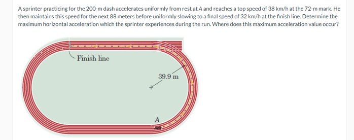 A sprinter practicing for the 200-m dash accelerates uniformly from rest at A and reaches a top speed of 38 km/h at the 72-m mark. He
then maintains this speed for the next 88 meters before uniformly slowing to a final speed of 32 km/h at the finish line. Determine the
maximum horizontal acceleration which the sprinter experiences during the run. Where does this maximum acceleration value occur?
-Finish line
39.9 m