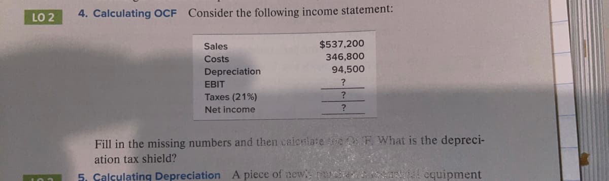 LO 2
4. Calculating OCF Consider the following income statement:
Sales
$537,200
Costs
346,800
Depreciation
94,500
EBIT
?
Taxes (21%)
?
Net income
Fill in the missing numbers and then caicrlate e F What is the depreci-
ation tax shield?
5. Calculating Depreciation A piece of new p
equipment
