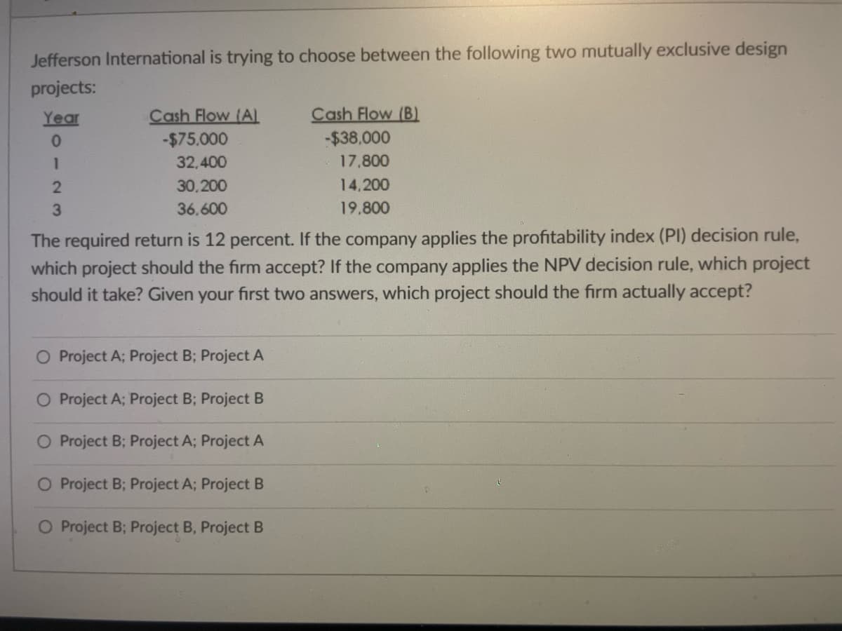 Jefferson International is trying to choose between the following two mutually exclusive design
projects:
Cash Flow (B)
-$38,000
Year
Cash Flow (A
-$75,000
32.400
17,800
30,200
14,200
3
36.600
19.800
The required return is 12 percent. If the company applies the profitability index (PI) decision rule,
which project should the firm accept? If the company applies the NPV decision rule, which project
should it take? Given your first two answers, which project should the firm actually accept?
Project A; Project B; Project A
O Project A; Project B; Project B
O Project B; Project A; Project A
O Project B; Project A; Project B
O Project B; Project B, Project B
