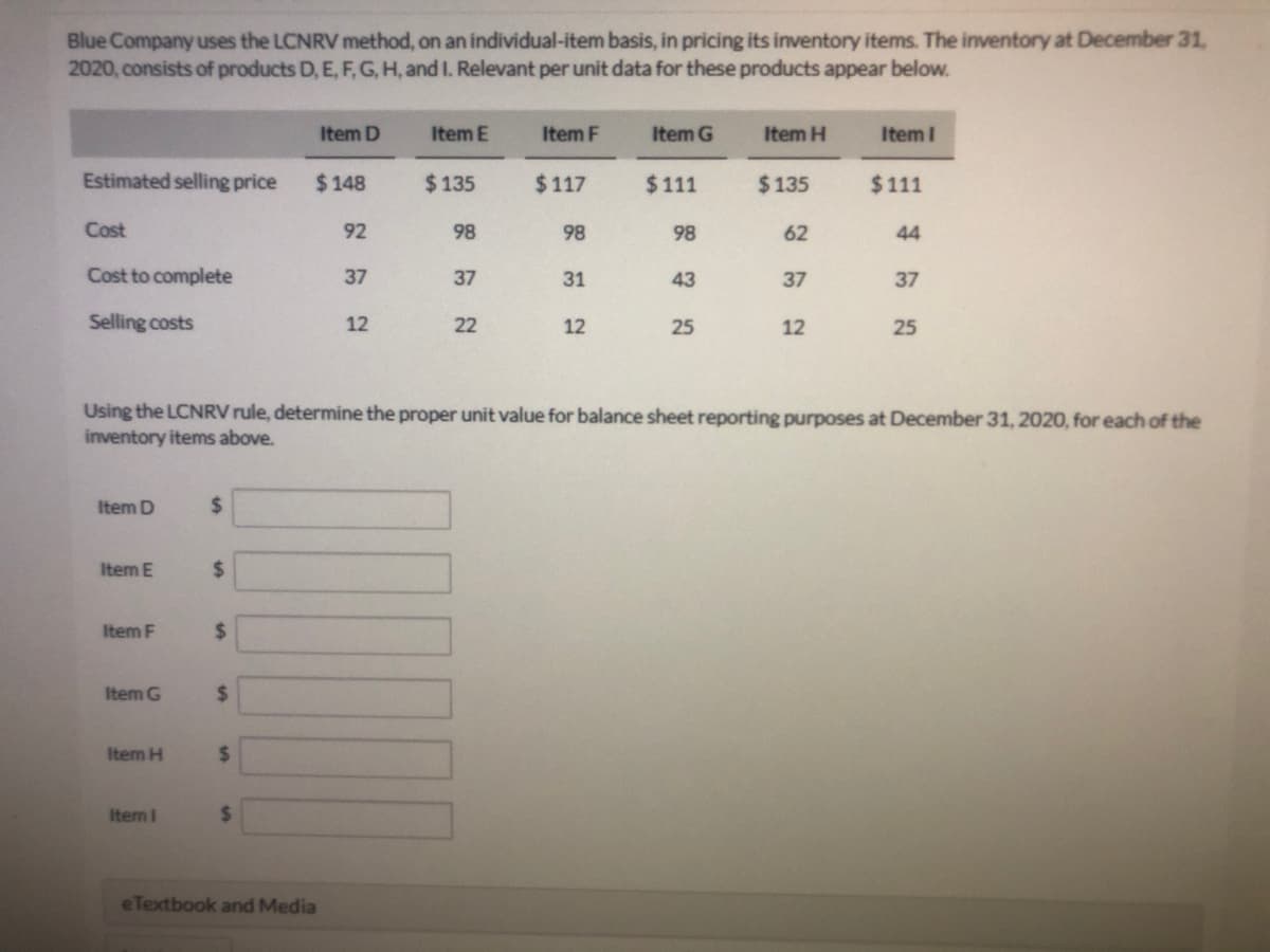 Blue Company uses the LCNRV method, on an individual-item basis, in pricing its inventory items. The inventory at December 31,
2020, consists of products D, E, F, G, H, and I. Relevant per unit data for these products appear below.
Item D
Item E
Item F
Item G
Item H
Item I
Estimated selling price
$ 148
$ 135
$ 117
$111
$135
$111
Cost
92
98
98
98
62
44
Cost to complete
37
37
31
43
37
37
Selling costs
12
22
12
25
12
25
Using the LCNRV rule, determine the proper unit value for balance sheet reporting purposes at December 31, 2020, for each of the
inventory items above.
Item D
%24
Item E
%24
Item F
%2$
Item G
%24
Item H
%24
Item I
%24
eTextbook and Media
