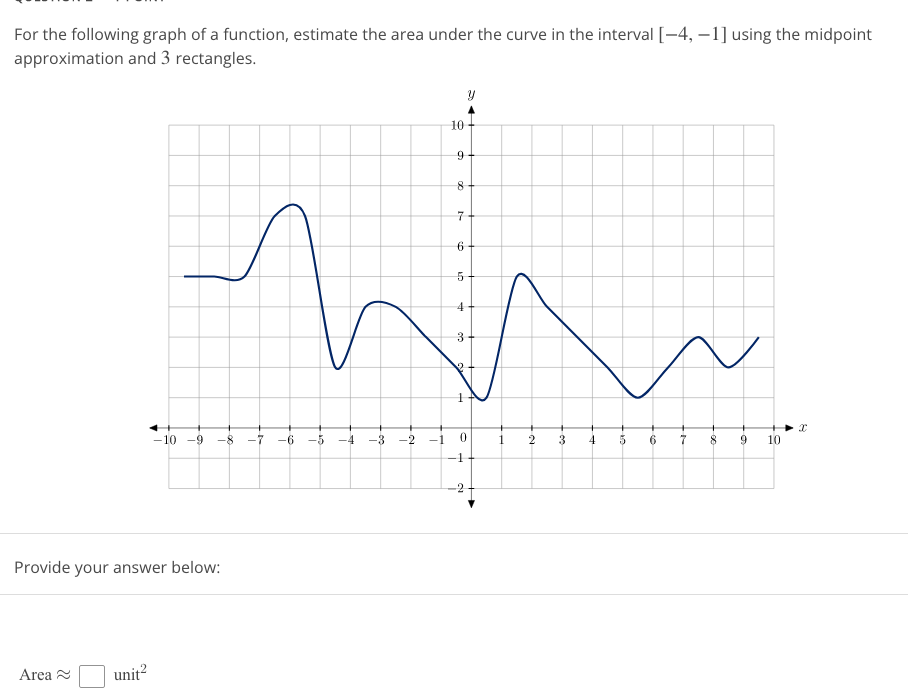 For the following graph of a function, estimate the area under the curve in the interval [-4, -1] using the midpoint
approximation and 3 rectangles.
Provide your answer below:
Area
-10 -9 -8 -7 -6
unit²
-5
4
-3
-2
10
J.
9
00
8
7
6
in
5
4
3
1
1 0
-1
1
2
3
4
5
6
7 8 9
10
X