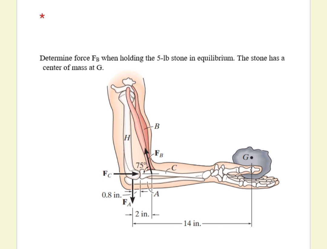 Determine force FB when holding the 5-lb stone in equilibrium. The stone has a
center of mass at G.
В
H
FB
75
Fc
0.8 in.
2 in. |-–
14 in.
