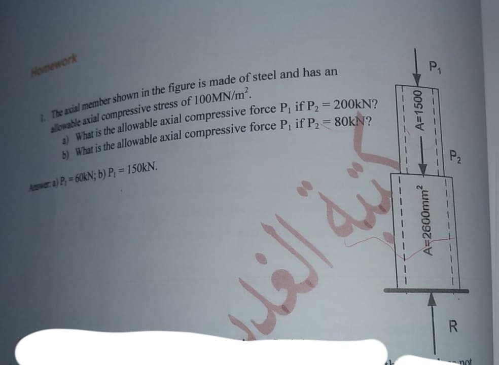 Homework
1. The axial member shown in the figure is made of steel and has an
allowable axial compressive stress of 100MN/m².
a) What is the allowable axial compressive force P₁ if P₂ = 200KN?
b) What is the allowable axial compressive force P₁ if P₂ = 80kN?
42) P = 60kN; b) P = 150kN.
A=1500 |
اتية الغدد
P₁
A=2600mm2
R
not