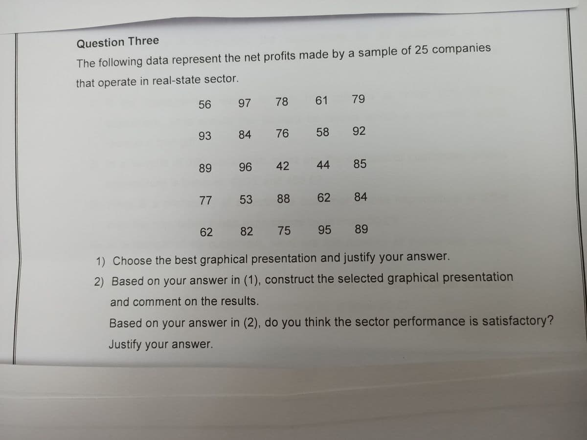 Question Three
The following data represent the net profits made by a sample of 25 companies
that operate in real-state sector.
56 97
78 61
79
93
84
76
58 92
89
96 42
44
85
77
53
88
62
84
62
82
75
95 89
1) Choose the best graphical presentation and justify your answer.
2) Based on your answer in (1), construct the selected graphical presentation
and comment on the results.
Based on your answer in (2), do you think the sector performance is satisfactory?
Justify your answer.
