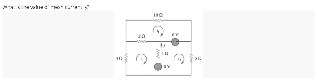 What is the value of mesh current i₂?
40
202
10 Q2
4
ΤΩ
8 V
6V
:50