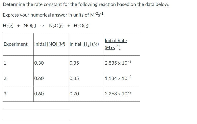 Determine the rate constant for the following reaction based on the data below.
Express your numerical answer in units of M2s-1.
H2(g) + NO(g) ->
N20(g) + H2O(g)
Initial Rate
(M•s-1)
Experiment
Initial [NO] (M) Initial [H2].(M)
1
0.30
0.35
2.835 x 10-3
2
0.60
0.35
1.134 x 10-2
3
0.60
0.70
2.268 x 10-2
