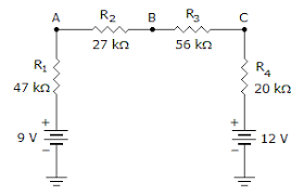 A
R2
B
R3
27 kn
56 kn
R4
47 kn
20 kn
9 V
12 V
