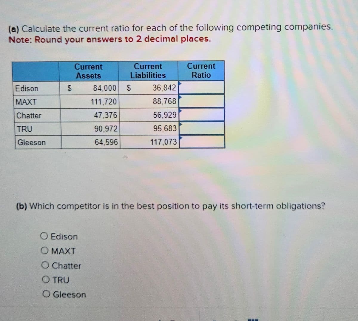 (a) Calculate the current ratio for each of the following competing companies.
Note: Round your answers to 2 decimal places.
Edison
MAXT
Chatter
TRU
Gleeson
$
Current
Assets
84.000
111,720
47.376
90,972
64.596
O Edison
O MAXT
O Chatter
O TRU
O Gleeson
Current
Liabilities
$
36,842
88,768
56,929
95,683
117,073
Current
Ratio
(b) Which competitor is in the best position to pay its short-term obligations?