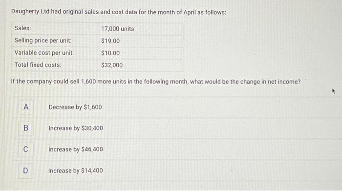 Daugherty Ltd had original sales and cost data for the month of April as follows:
17,000 units
$19.00
$10.00
$32,000
Sales:
Selling price per unit:
Variable cost per unit:
Total fixed costs:
If the company could sell 1,600 more units in the following month, what would be the change in net income?
A
B
C
D
Decrease by $1,600
Increase by $30,400
Increase by $46,400
Increase by $14,400