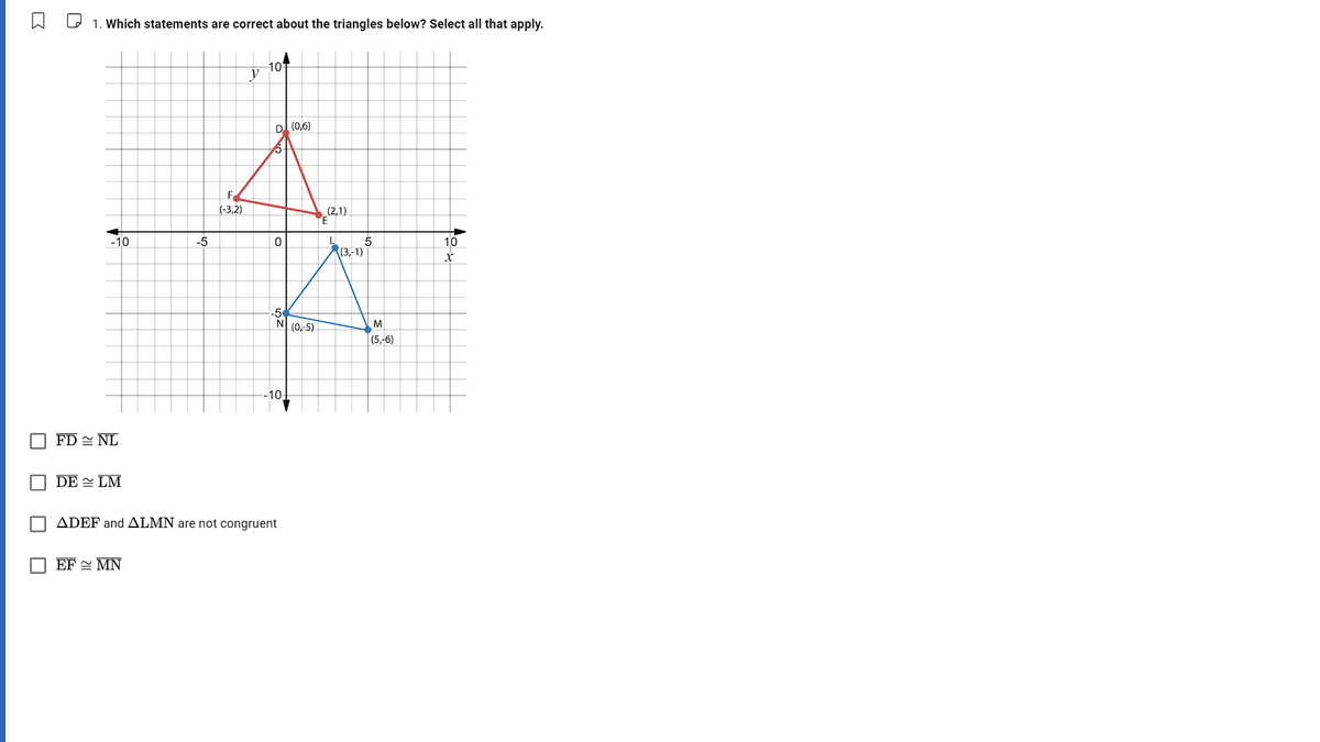 ☐ 1. Which statements are correct about the triangles below? Select all that apply.
-10
-5
F
10
y
D (0,6)
(-3,2)
E211
221
0
L
10
to
(3,-1)
x
-5
N (0,-5)
-10-
FD ~ NL
DELM
ADEF and ALMN are not congruent
EF ~ MN
M
(5,-6)