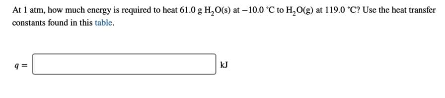 At 1 atm, how much energy is required to heat 61.0 g H,O(s) at – 10.0 °C to H,O(g) at 119.0 °C? Use the heat transfer
constants found in this table.
kJ
