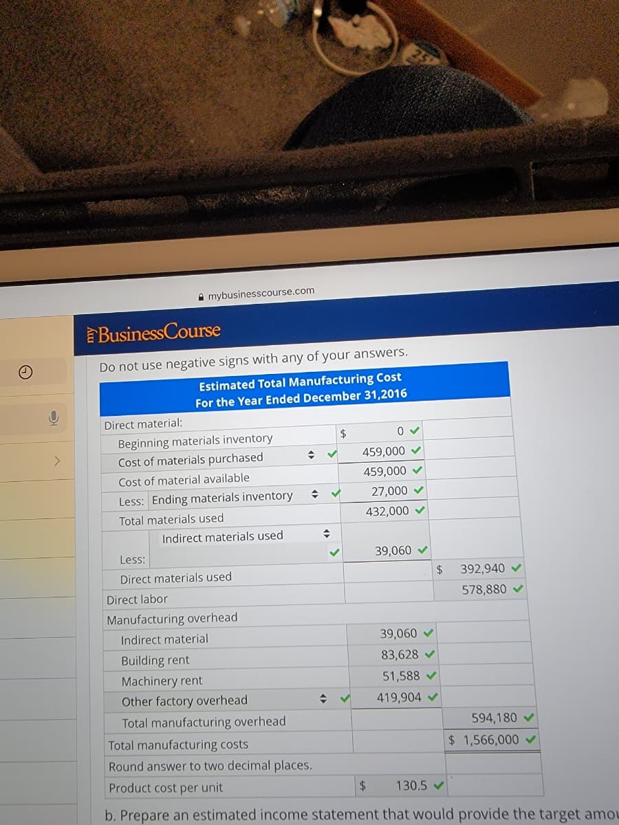 A mybusinesscourse.com
BusinessCourse
Do not use negative signs with any of your answers.
Estimated Total Manufacturing Cost
For the Year Ended December 31,2016
Direct material:
Beginning materials inventory
Cost of materials purchased
459,000 v
Cost of material available
459,000 v
Less: Ending materials inventory
27,000 v
Total materials used
432,000 v
Indirect materials used
Less:
39,060 v
Direct materials used
$
392,940 v
Direct labor
578,880 v
Manufacturing overhead
Indirect material
39,060 v
Building rent
83,628 v
Machinery rent
51,588 v
Other factory overhead
419,904 v
Total manufacturing overhead
594,180 v
Total manufacturing costs
$ 1,566,000 v
Round answer to two decimal places.
Product cost per unit
$4
130.5 v
b. Prepare an estimated income statement that would provide the target amou
