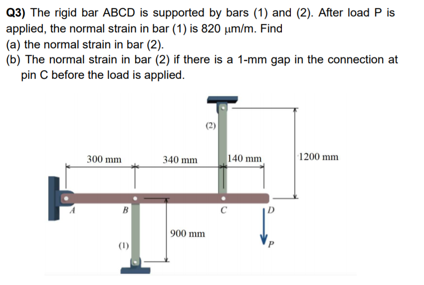 Q3) The rigid bar ABCD is supported by bars (1) and (2). After load P is
applied, the normal strain in bar (1) is 820 µm/m. Find
(a) the normal strain in bar (2).
(b) The normal strain in bar (2) if there is a 1-mm gap in the connection at
pin C before the load is applied.
(2)
300 mm
340 mm
140 mm
1200 mm
B
D
900 mm
(1)
