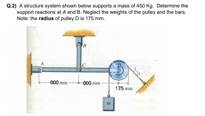 Q.2) A structure system shown below supports a mass of 450 Kg. Determine the
support reactions at A and B. Neglect the weights of the pulley and the bars.
Note: the radius of pulley D is 175 mm.
A
C
600 mm
600 mm
175 mm
