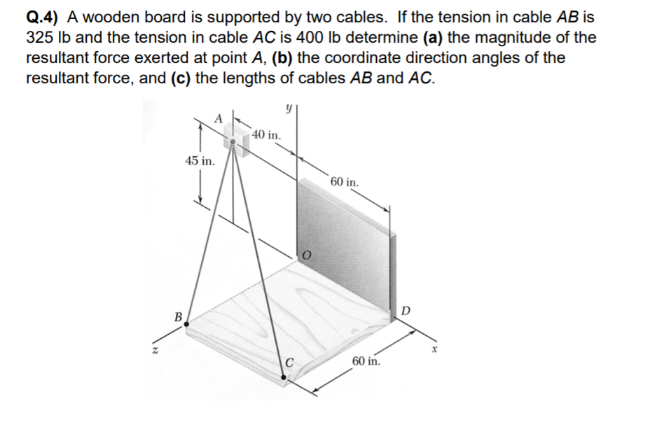 Q.4) A wooden board is supported by two cables. If the tension in cable AB is
325 lb and the tension in cable AC is 400 lb determine (a) the magnitude of the
resultant force exerted at point A, (b) the coordinate direction angles of the
resultant force, and (c) the lengths of cables AB and AC.
