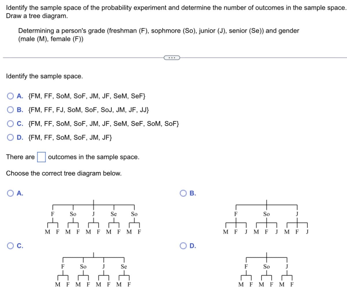 Identify the sample space of the probability experiment and determine the number of outcomes in the sample space.
Draw a tree diagram.
Determining a person's grade (freshman (F), sophmore (So), junior (J), senior (Se)) and gender
(male (M), female (F))
Identify the sample space.
O A. {FM, FF, SOM, SoF, JM, JF, SeM, SeF}
B. {FM, FF, FJ, SOM, SoF, SoJ, JM, JF, JJ}
C. {FM, FF, SOM, SoF, JM, JF, SeM, SeF, SoM, SoF}
D. {FM, FF, SOM, SoF, JM, JF}
There are
Choose the correct tree diagram below.
O A.
outcomes in the sample space.
O C.
F
So
F
J
So
Se
M F M F M F M F M F
So
Se
M F M F M F M F
B.
D.
F
So
M F J M F
F
So
J
J M F J
M F M F M F