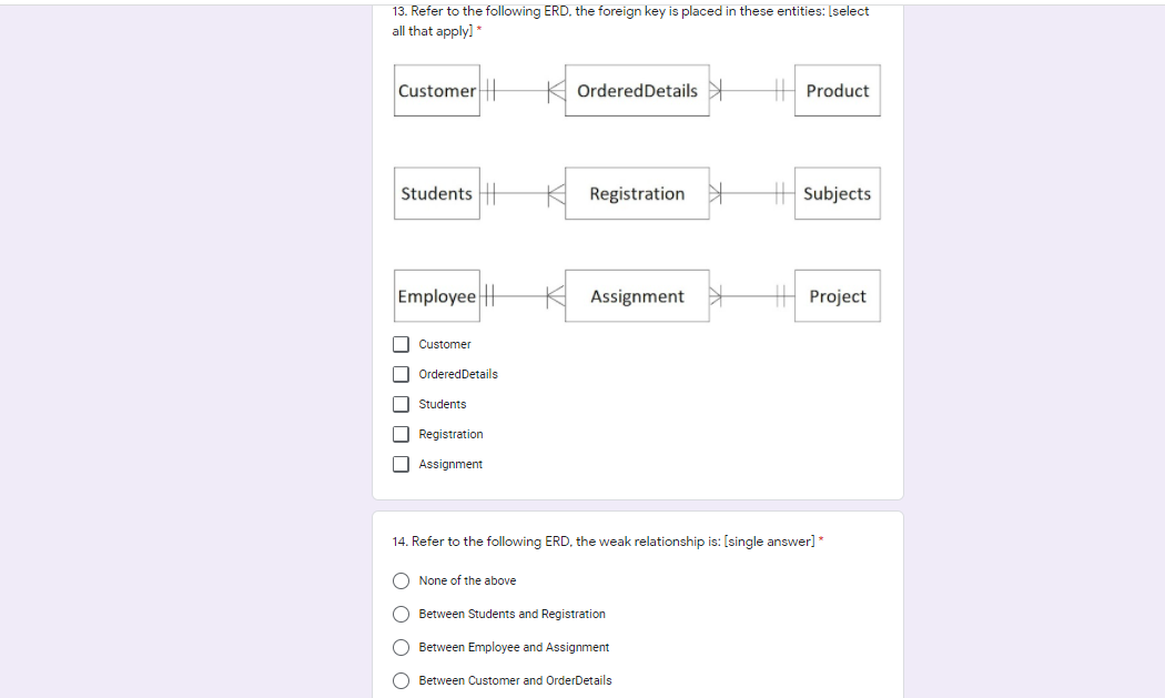 13. Refer to the following ERD, the foreign key is placed in these entities: Įselect
all that apply)"
Customer
K OrderedDetails
Product
Students
Registration
| Subjects
Employee H
Assignment
Project
|| Customer
OrderedDetails
Students
O Registration
O Assignment
14. Refer to the following ERD, the weak relationship is: [single answer]*
None of the above
O Between Students and Registration
Between Employee and Assignment
O Between Customer and OrderDetails
O O O 0 O
* O O O C
