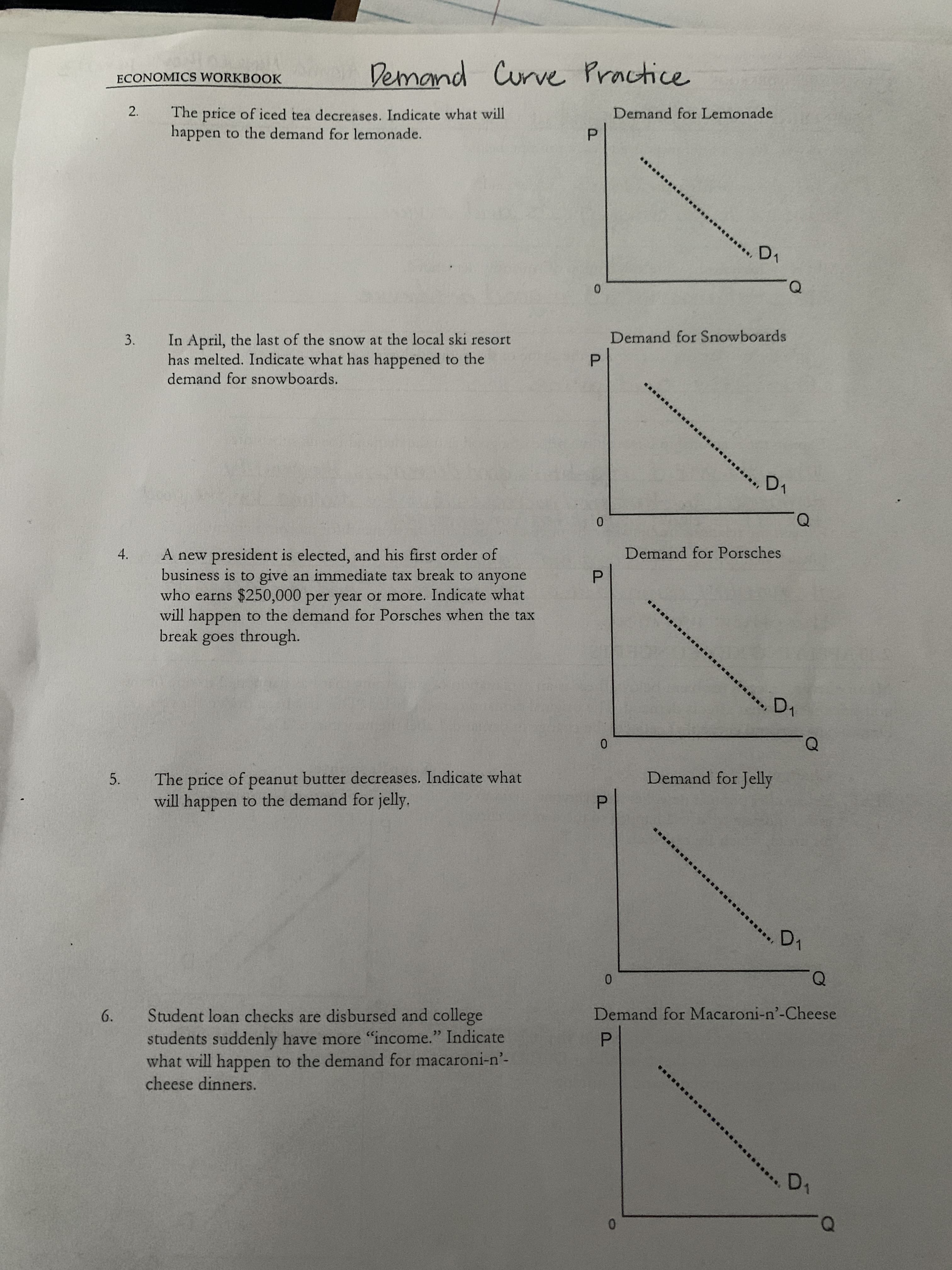 P.
P.
P.
3.
4.
5.
Demand Curve Practice
live
ECONOMICS WORKBOOK
Demand for Lemonade
The price of iced tea decreases. Indicate what will
happen to the demand for lemonade.
2.
D1
0.
Demand for Snowboards
In April, the last of the snow at the local ski resort
has melted. Indicate what has happened to the
demand for snowboards.
D1
0.
A new president is elected, and his first order of
business is to give an immediate tax break to anyone
Demand for Porsches
P.
who earns $250,000 per year or more. Indicate what
will happen to the demand for Porsches when the tax
break goes through.
D1
0.
The price of peanut butter decreases. Indicate what
will happen to the demand for jelly.
Demand for Jelly
D1
0.
Demand for Macaroni-n'-Cheese
Student loan checks are disbursed and college
6.
students suddenly have more "income." Indicate
P.
what will happen to the demand for macaroni-n'-
cheese dinners.
D1
