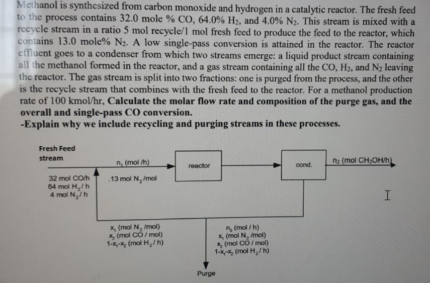 rate of 100 kmol/hr, Calculate the molar flow rate and composition of the purge gas, and the
overall and single-pass CO conversion.
-Explain why we include recycling and purging streams in these processes.
