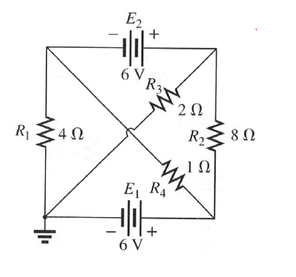 R₁
4Ω
-
Ε,
+
6V,
R3
Μ
E₁ RA
HI
6V
2 Ω
R₂
1Ω|
8
8 Ω