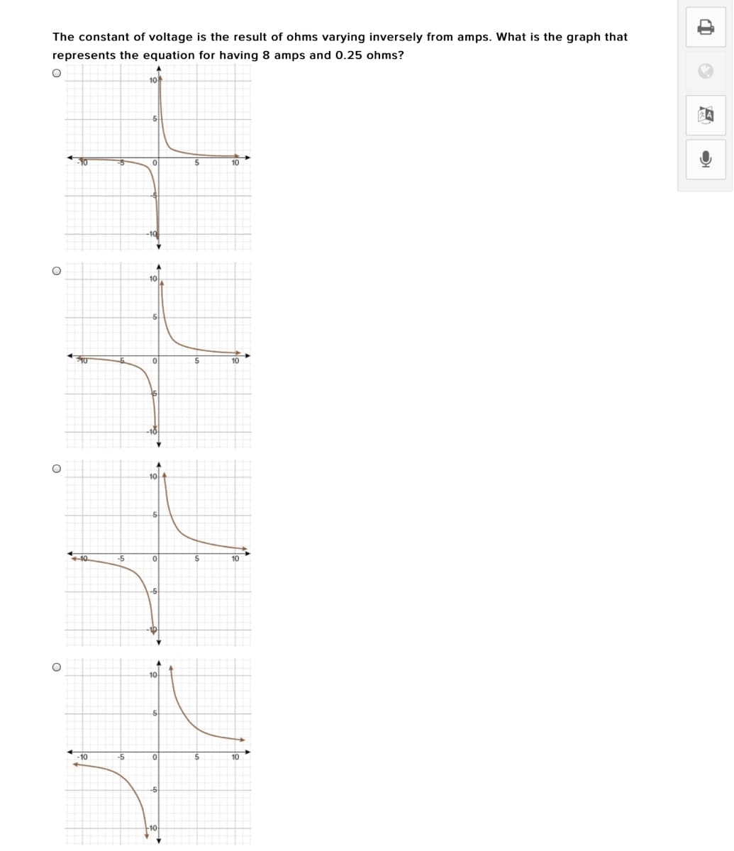 The constant of voltage is the result of ohms varying inversely from amps. What is the graph that
represents the equation for having 8 amps and 0.25 ohms?
10
10
5
10
10
10
10
-10
10
