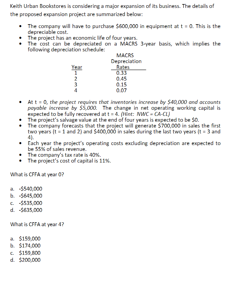 Keith Urban Bookstores is considering a major expansion of its business. The details of
the proposed expansion project are summarized below:
The company will have to purchase $600,000 in equipment at t = 0. This is the
depreciable cost.
The project has an economic life of four years.
The cost can be depreciated on a MACRS 3-year basis, which implies the
following depreciation schedule:
MACRS
Depreciation
Rates
Year
1
0.33
0.45
0.15
0.07
2
3
4
At t = 0, the project requires that inventories increase by $40,000 and accounts
payable increase by $5,000. The change in net operating working capital is
expected to be fully recovered at t = 4. (Hint: NWC = CA-CL)
The project's salvage value at the end of four years is expected to be $0.
The company forecasts that the project will generate $700,000 in sales the first
two years (t = 1 and 2) and $400,000 in sales during the last two years (t = 3 and
4).
Each year the project's operating costs excluding depreciation are expected to
be 55% of sales revenue.
The company's tax rate is 40%.
The project's cost of capital is 11%.
What is CFFA at year 0?
a. -$540,000
b. -$645,000
c. -$535,000
d. -$635,000
What is CFFA at year 4?
a. $159,000
b. $174,000
c. $159,800
d. $200,000
