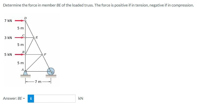 Determine the force in member BE of the loaded truss. The force is positive if in tension, negative if in compression.
7 kN
3 kN
5 KN
5 m
5 m
B
5 m
A
Answer: BE-
E
7 m
F
kN