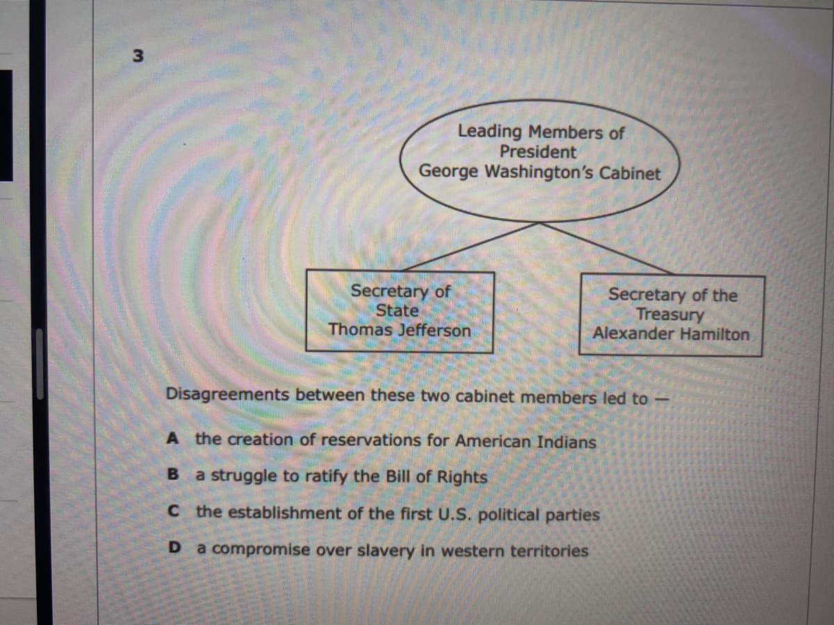 Leading Members of
President
George Washington's Cabinet
Secretary of
State
Thomas Jefferson
Secretary of the
Treasury
Alexander Hamilton
Disagreements between these two cabinet members led to
A the creation of reservations for American Indians
a struggle to ratify the Bill of Rights
Ct he establishment of the first U.S. political parties
D a compromise over slavery in western territories
3.
