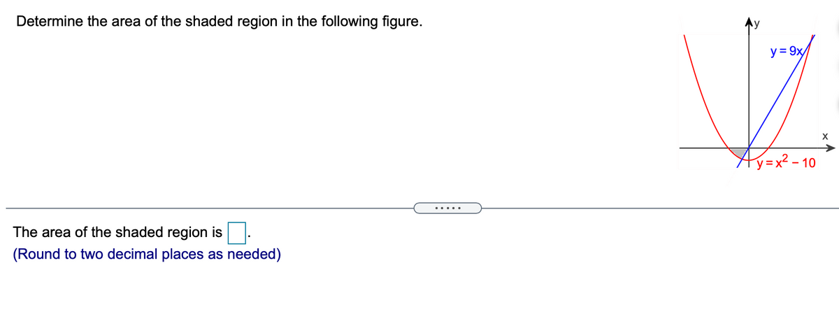 Determine the area of the shaded region in the following figure.
y = 9x/
Ay=x² – 10
... .
The area of the shaded region is
(Round to two decimal places as needed)
