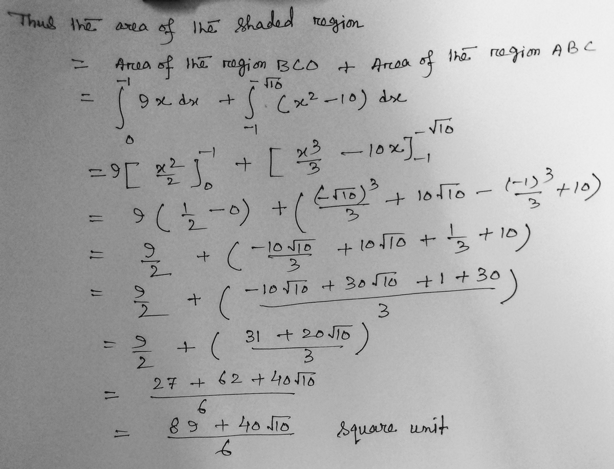 Thus the Area
* Ihe Shaded
TO gion
Arcea of Ihe rogion BCO
+ Arcea of the ragion ABC
%3D
9 x dx
J.Cx²-10) dse
-VTO
14
().
(ーリ3
t10)
9(노-) +
+ 1oio
%3D
2
-10NTO
+ 10T0 +a + 10
-10 NTO + 30 STo +1+30)
30)
3.
31 + 20Jo
27 +62 +40T0
89 +40 Jio
Squaro unit
11 T 11
