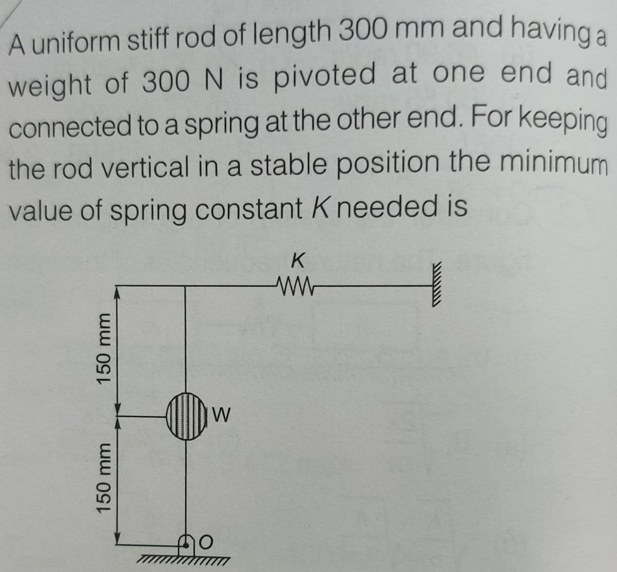 connected to a spring at the other end. For keeping
A uniform stiff rod of length 300 mm and having a
weight of 300N is pivoted at one end and
the rod vertical in a stable position the minimum
value of spring constant K needed is
K
W
150mm
150mm
