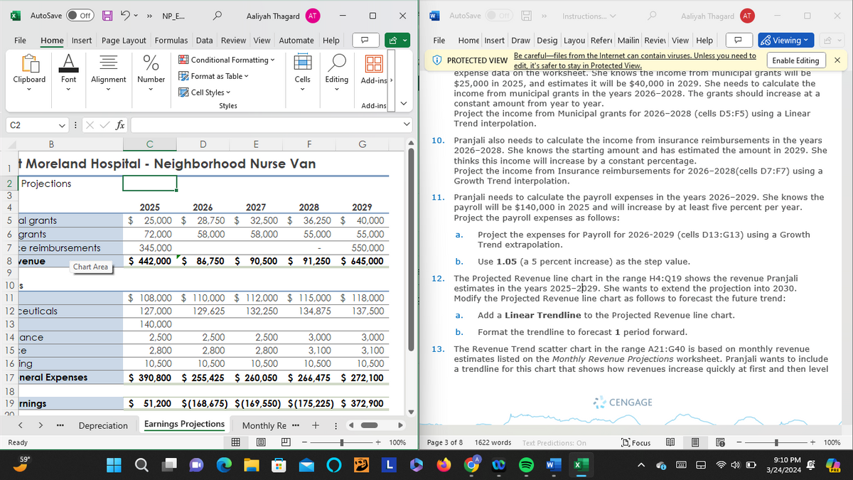 File
AutoSave Off
<<
NP_E...
Aaliyah Thagard AT
Home Insert Page Layout Formulas Data Review View Automate Help
1
W
AutoSave
Off
Instructions... v
Aaliyah Thagard AT
File
Home Insert Draw Desig Layou Refer Mailin Review View Help
-
Viewing
%
Conditional Formatting
Clipboard
Font
Alignment
Number
Format as Table
Cells Editing
Add-ins >
Cell Styles
Styles
C2
X✓ fx
B
E
F
+ Moreland Hospital - Neighborhood Nurse Van
1
2 Projections
3
4
5 al grants
6 grants
2025
2026
2027
2028
Add-ins
2029
$ 25,000 $ 28,750 $ 32,500 $ 36,250 $ 40,000
72,000
345,000
58,000
58,000
55,000
7 ce reimbursements
55,000
550,000
8 venue
9
10 s
11
$442,000 $ 86,750 $ 90,500 $ 91,250 $ 645,000
Chart Area
$ 108,000 $110,000 $112,000 $ 115,000 $ 118,000
127,000 129,625
Enable Editing
Be careful-files from the Internet can contain viruses. Unless you need to
PROTECTED VIEW
edit, it's safer to stay in Protected View.
expense data on the worksheet. She knows the income from municipal grants will be
$25,000 in 2025, and estimates it will be $40,000 in 2029. She needs to calculate the
income from municipal grants in the years 2026-2028. The grants should increase at a
constant amount from year to year.
Project the income from Municipal grants for 2026-2028 (cells D5:F5) using a Linear
Trend interpolation.
10. Pranjali also needs to calculate the income from insurance reimbursements in the years
2026-2028. She knows the starting amount and has estimated the amount in 2029. She
thinks this income will increase by a constant percentage.
Project the income from Insurance reimbursements for 2026-2028(cells D7:F7) using a
Growth Trend interpolation.
11. Pranjali needs to calculate the payroll expenses in the years 2026-2029. She knows the
payroll will be $140,000 in 2025 and will increase by at least five percent per year.
Project the payroll expenses as follows:
a. Project the expenses for Payroll for 2026-2029 (cells D13:G13) using a Growth
Trend extrapolation.
b.
Use 1.05 (a 5 percent increase) as the step value.
12. The Projected Revenue line chart in the range H4:Q19 shows the revenue Pranjali
estimates in the years 2025-2029. She wants to extend the projection into 2030.
Modify the Projected Revenue line chart as follows to forecast the future trend:
a.
Add a Linear Trendline to the Projected Revenue line chart.
12 ceuticals
13
14 ance
15 te
16 ing
17 neral Expenses
18
19 rnings
20
Ready
59°
Depreciation
132,250
134,875
137,500
140,000
2,500
2,500
2,500
3,000
2,800
2,800
2,800
3,100
10,500
10,500
10,500
10,500
3,000
3,100
10,500
$ 390,800 $ 255,425 $260,050 $266,475 $272,100
$ 51,200 $(168,675) $(169,550) $(175,225) $372,900
b. Format the trendline to forecast 1 period forward.
13. The Revenue Trend scatter chart in the range A21:G40 is based on monthly revenue
estimates listed on the Monthly Revenue Projections worksheet. Pranjali wants to include
a trendline for this chart that shows how revenues increase quickly at first and then level
CENGAGE
Earnings Projections Monthly Re
+
+ 100%
Page 3 of 8
1622 words Text Predictions: On
Focus
+ 100%
L
9:10 PM
3/24/2024