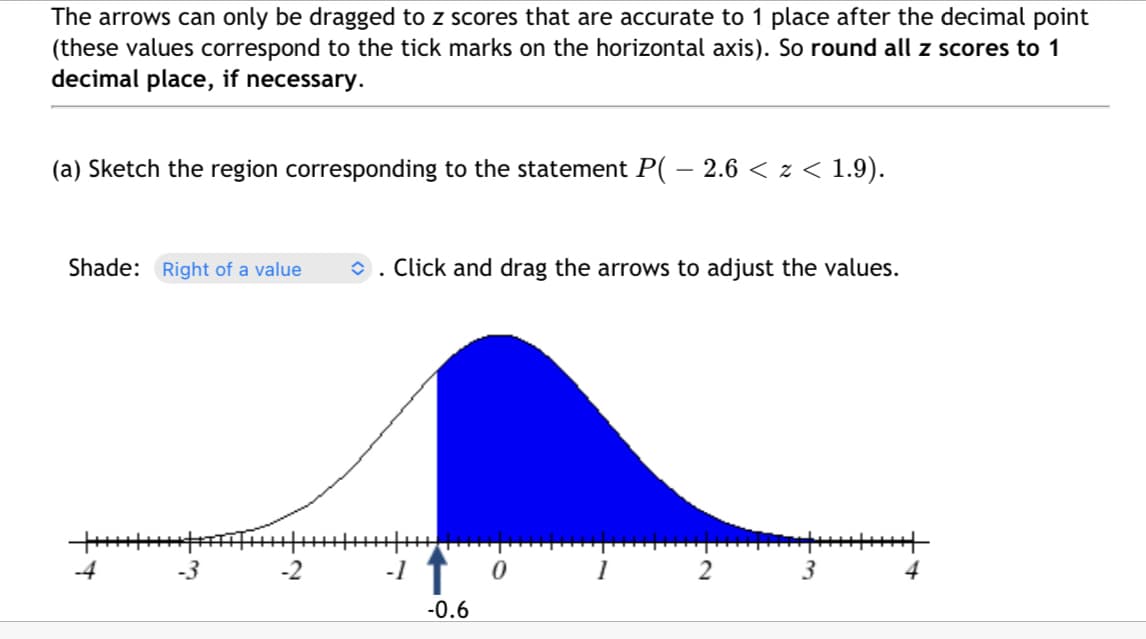 The arrows can only be dragged to z scores that are accurate to 1 place after the decimal point
(these values correspond to the tick marks on the horizontal axis). So round all z scores to 1
decimal place, if necessary.
(a) Sketch the region corresponding to the statement P( − 2.6 < z < 1.9).
Shade: Right of a value
+++++++++
-4
-3
◆ . Click and drag the arrows to adjust the values.
-2 -1 ↑
-0.6
0
2
3