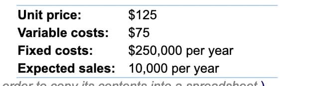 Unit price:
Variable costs:
Fixed costs:
Expected sales:
$250,000 per year
10,000 per year
order to copy its contents into a onroadshoot!
$125
$75