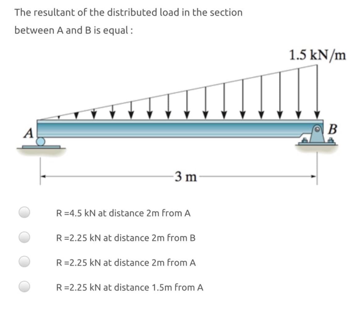 The resultant of the distributed load in the section
between A and B is equal:
1.5 kN/m
A
В
3 m
R=4.5 kN at distance 2m from A
R=2.25 kN at distance 2m from B
R=2.25 kN at distance 2m from A
R=2.25 kN at distance 1.5m from A
