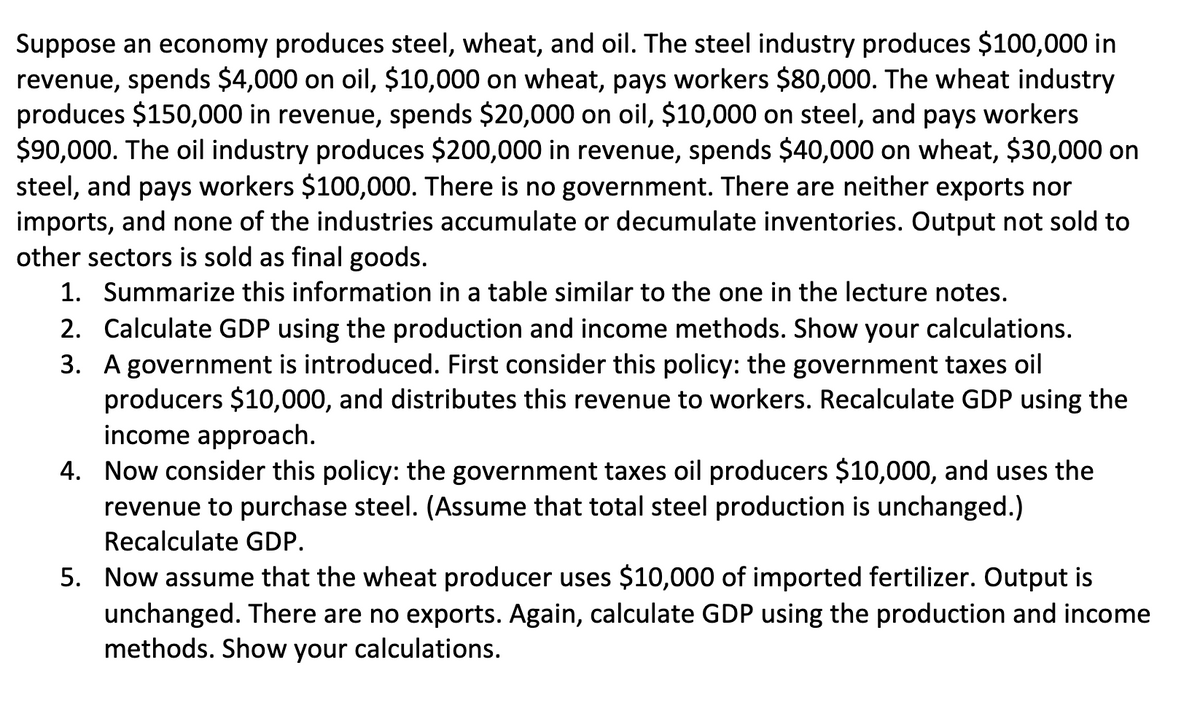 Suppose an economy produces steel, wheat, and oil. The steel industry produces $100,000 in
revenue, spends $4,000 on oil, $10,000 on wheat, pays workers $80,000. The wheat industry
produces $150,000 in revenue, spends $20,000 on oil, $10,000 on steel, and pays workers
$90,000. The oil industry produces $200,000 in revenue, spends $40,000 on wheat, $30,000 on
steel, and pays workers $100,000. There is no government. There are neither exports nor
imports, and none of the industries accumulate or decumulate inventories. Output not sold to
other sectors is sold as final goods.
1. Summarize this information in a table similar to the one in the lecture notes.
2. Calculate GDP using the production and income methods. Show your calculations.
3. A government is introduced. First consider this policy: the government taxes oil
producers $10,000, and distributes this revenue to workers. Recalculate GDP using the
income approach.
4. Now consider this policy: the government taxes oil producers $10,000, and uses the
revenue to purchase steel. (Assume that total steel production is unchanged.)
Recalculate GDP.
5. Now assume that the wheat producer uses $10,000 of imported fertilizer. Output is
unchanged. There are no exports. Again, calculate GDP using the production and income
methods. Show your calculations.
