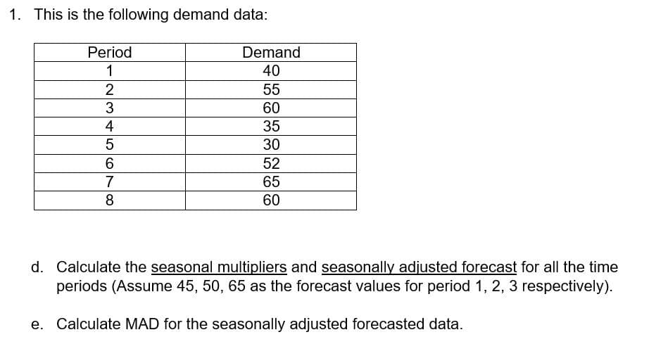 1. This is the following demand data:
Period
Demand
1
40
2
55
60
4
35
30
6
52
7
65
8.
60
d. Calculate the seasonal multipliers and seasonally adjusted forecast for all the time
periods (Assume 45, 50, 65 as the forecast values for period 1, 2, 3 respectively).
e. Calculate MAD for the seasonally adjusted forecasted data.
