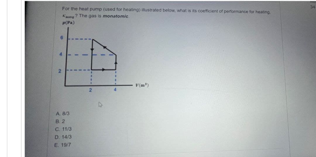 For the heat pump (used for heating) illustrated below, what is its coefficient of performance for heating.
Ag? The gas is monatomic.
p(Pa)
6
A. 8/3
B. 2
C. 11/3
D. 14/3
E. 19/7
2
V(m³)
34