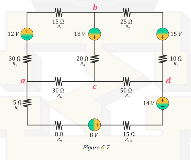 b
15 N
R1
25 N
R2
12 V
18 V
15 V
30 Ω :
R3
20 Ω
R4
10 Ω
R5
a
d
C
30 Ω
R6
50 Ω
R7
5 N:
Rg
14 V
8Ω
R9
15Ω
R10
8 V
Figure 6.7
Wr
